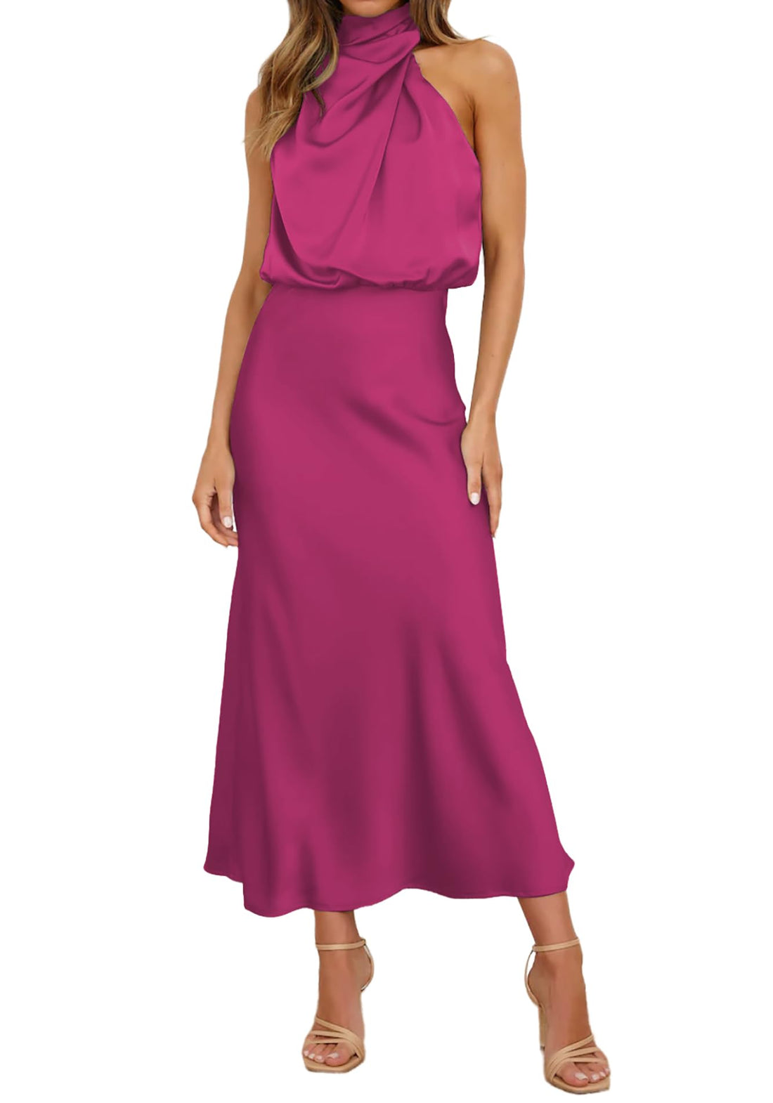 Elegant sleeveless satin maxi dress in rose red, perfect for summer weddings and cocktail parties.