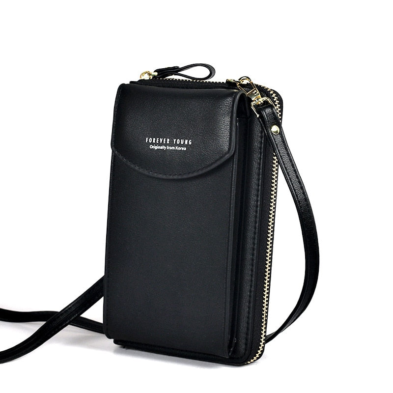 Mini satchel phone bag in sleek black leather with adjustable strap and zip closure.