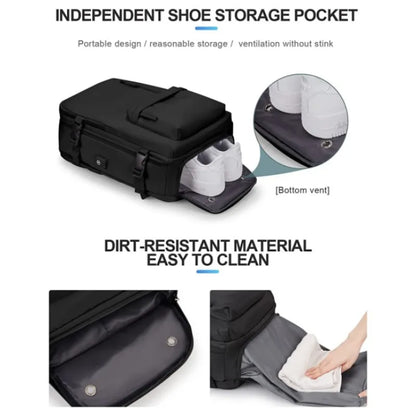 Large capacity travel laptop backpack with independent shoe storage pocket and dirt-resistant material.