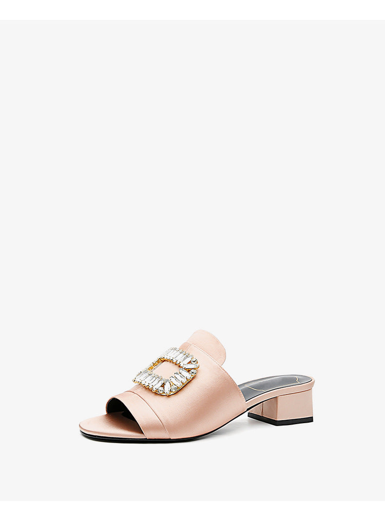 Rhinestone Open-Toed Thick Heel Fashion Slippers for Women