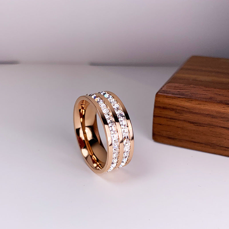 Double row zircon stainless steel ring for women, featuring a stunning double row of sparkling zircon stones.