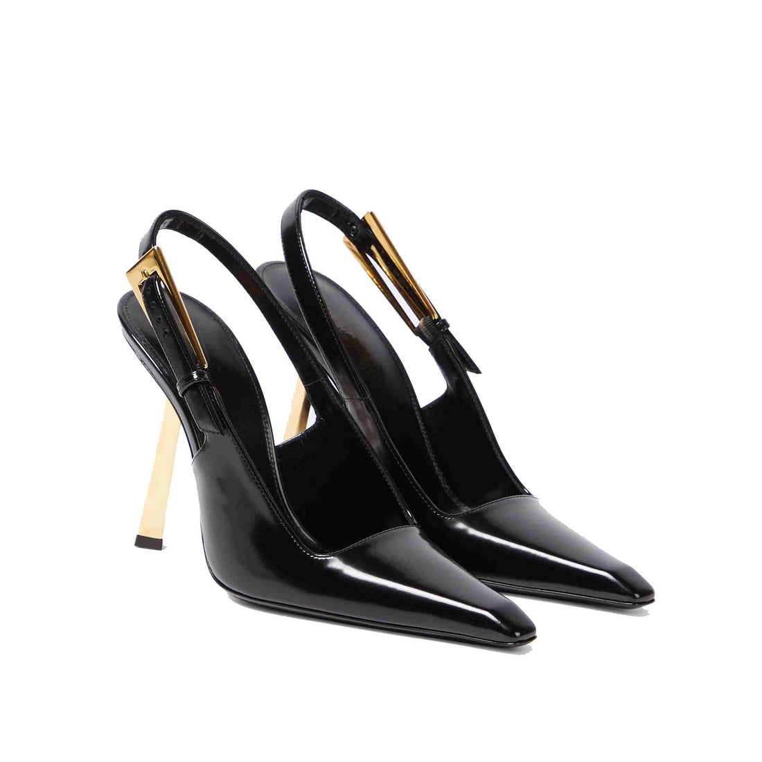 THESHY womens patent leather slingback heels with stiletto heel and metal buckle detail in black.