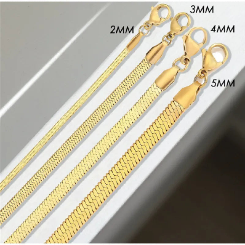 European and American Ins Style stainless steel flat blade snake chain in various widths 2MM, 3MM, 4MM, and 5MM.