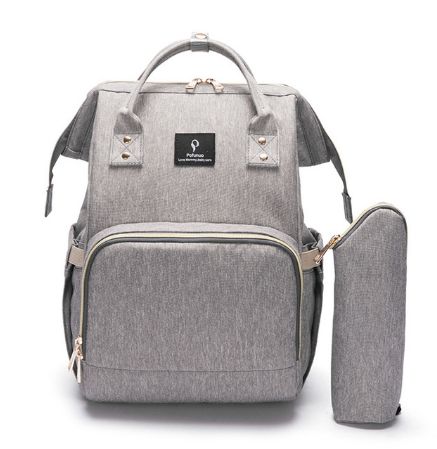 Large capacity mommy backpack with USB in gray with stylish design and practical features.