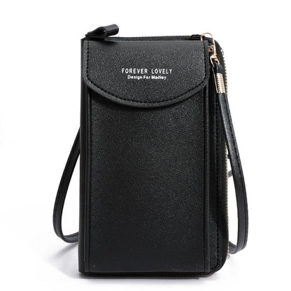Mini satchel phone bag in black with zipper and adjustable strap for hands-free convenience.