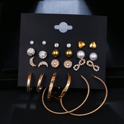 Star and Moon Diamond Earrings Set - 12 Pairs of Studs