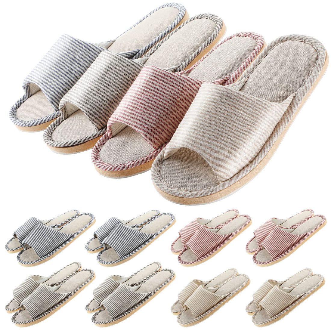 8 pairs of disposable open toe spa slippers in red, beige, navy, and coffee colors, perfect for guests and comfort.