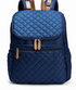 Navy blue large capacity mommy backpack with quilted design and secure zipper closures.