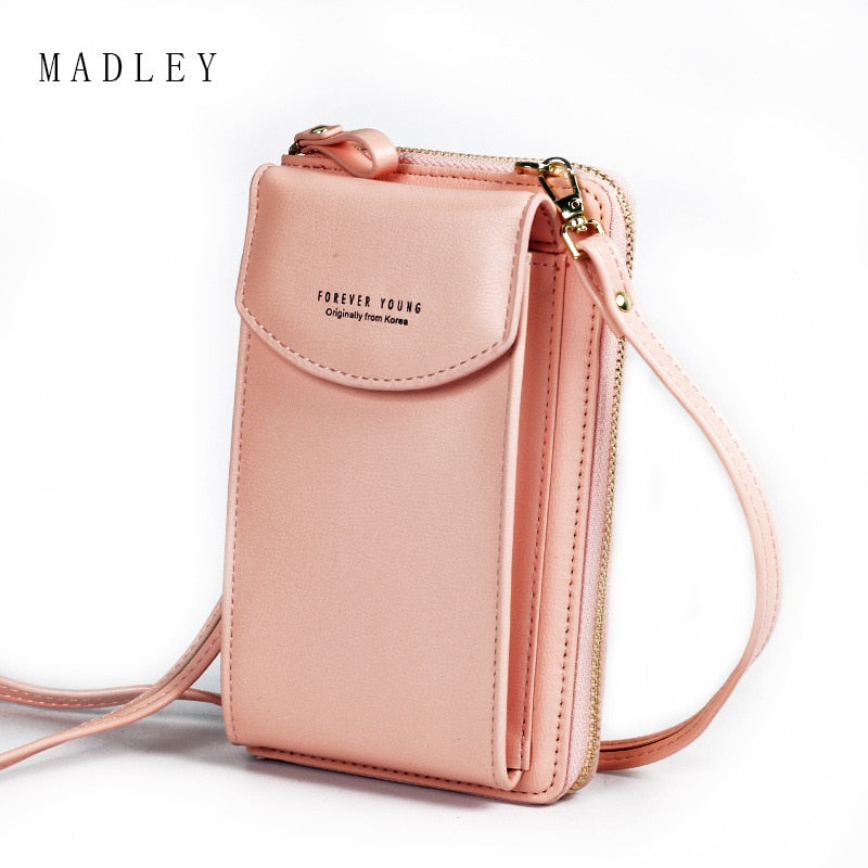 Mini Satchel Mobile Phone Hanging Bag in pink with secure snap closure and adjustable strap for convenience.