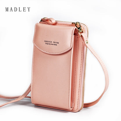 Mini Satchel Mobile Phone Hanging Bag in pink with secure snap closure and adjustable strap for convenience.
