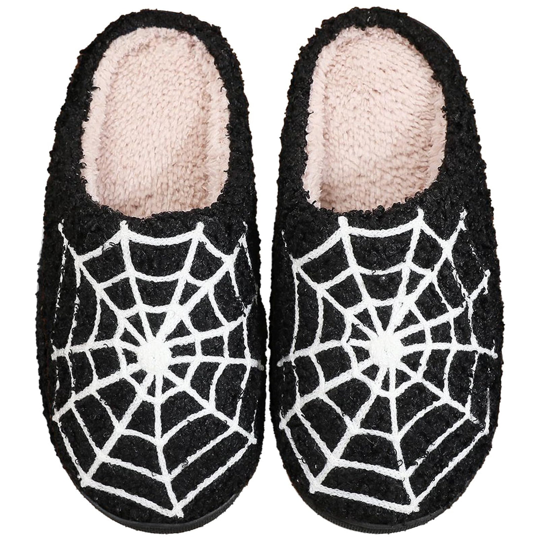 Cozy pumpkin plush slippers in black spider web design, perfect for indoor and outdoor use with soft plush material.