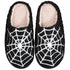Cozy pumpkin plush slippers in black spider web design, perfect for indoor and outdoor use with soft plush material.