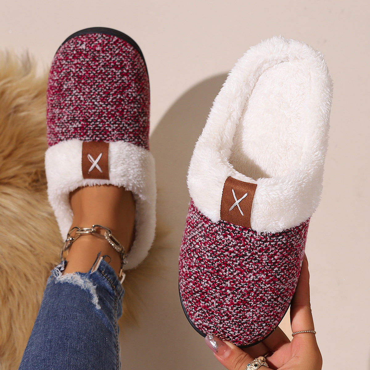 Warm plush slippers for men and women in burgundy color with fur lining and thick bottom, perfect for indoor comfort.
