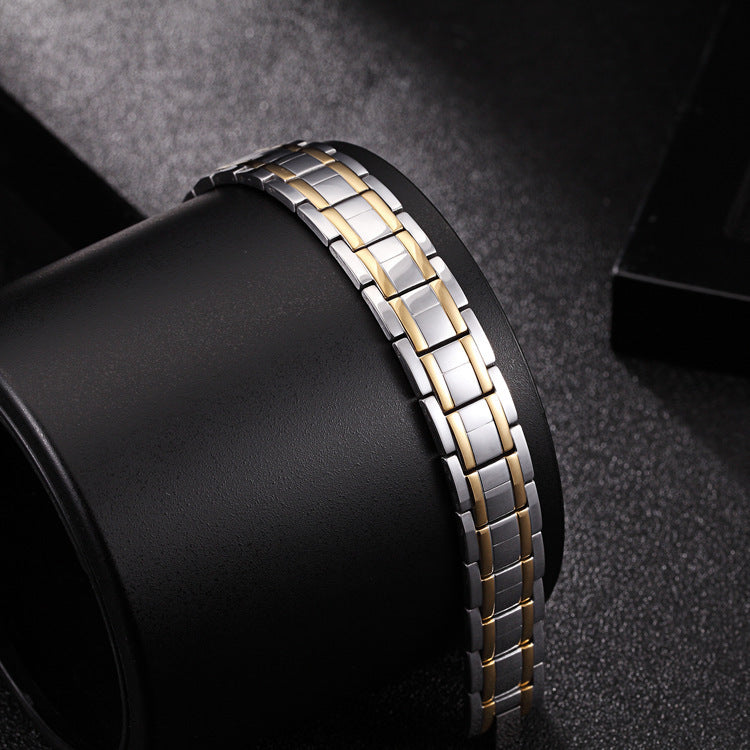 Titanium steel gold magnet bracelet showcasing a double row design on a sleek black background.
