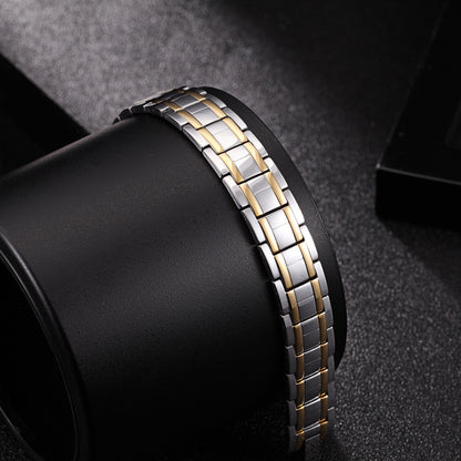 Titanium steel gold magnet bracelet showcasing a double row design on a sleek black background.