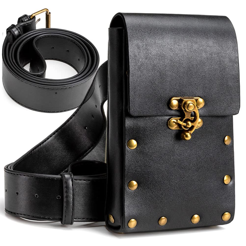 Gothic leather waist bag with bronze hardware, belt strap included, in black, ideal for casual daypack and festival costumes.