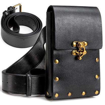Gothic leather waist bag with bronze hardware, belt strap included, in black, ideal for casual daypack and festival costumes.
