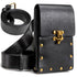 Gothic leather waist bag with bronze hardware, belt strap included, in black, ideal for casual daypack and festival costumes.