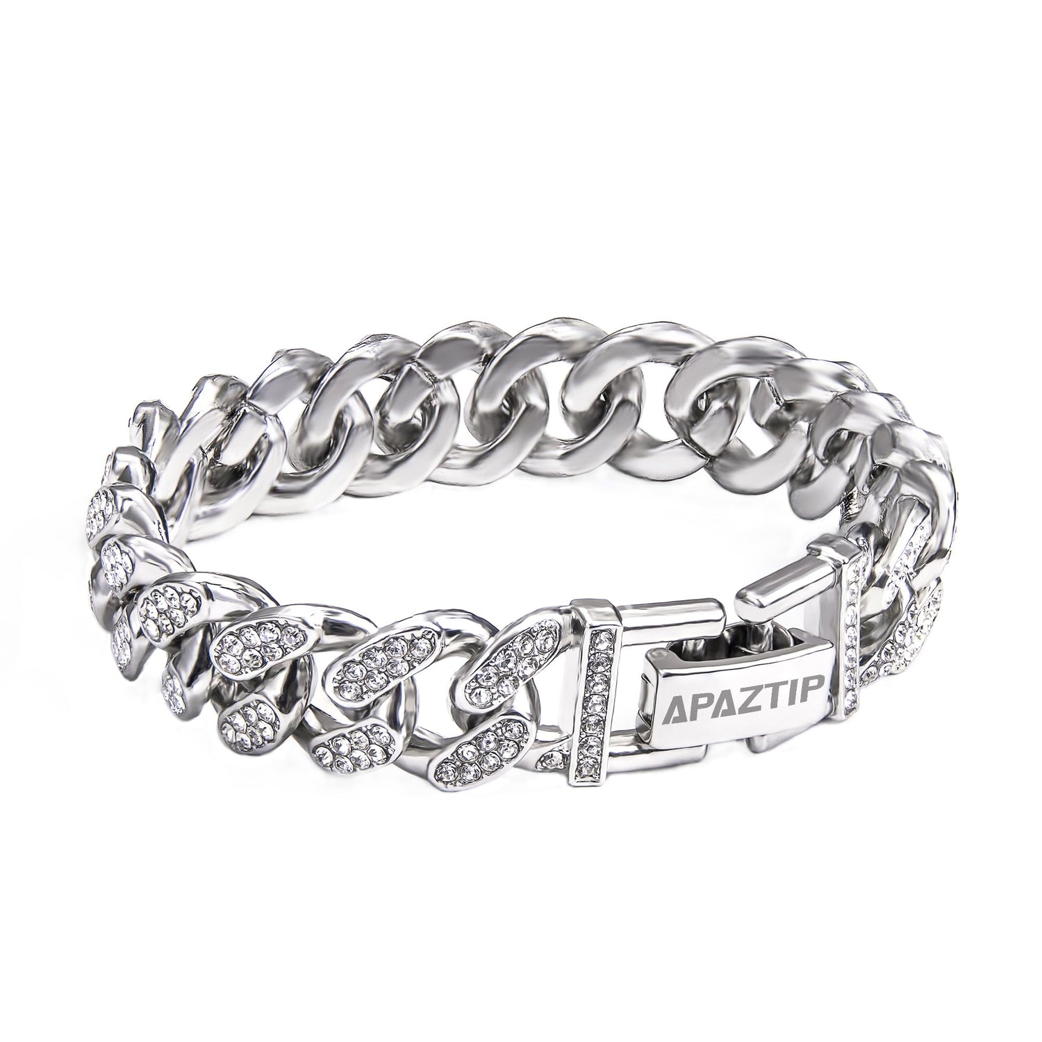 Iced out stainless steel cuban link bracelet for men, 8-inch silver thick chain with bling diamonds from APaztip.