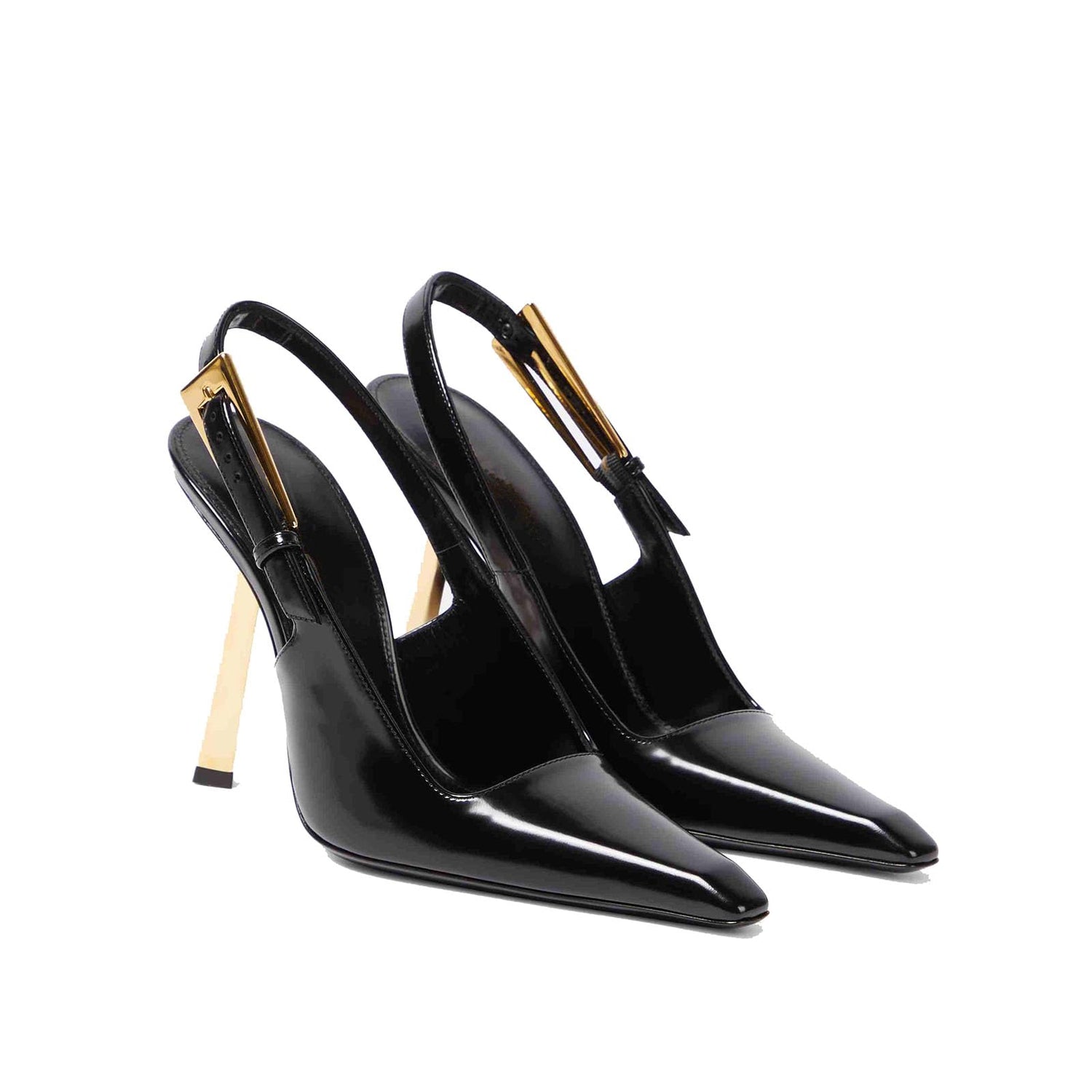 Womens patent leather slingback heels in black with stiletto heel and metal buckle detail for a chic appearance.