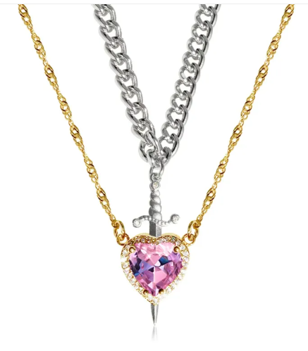 New Heart And Sword Necklace Set Gold Color Stainless Steel Crystal Couple Necklaces For Women Men Boyfriend Girlfriend Gifts