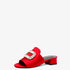 Rhinestone open-toed thick heel slippers in red with luxurious buckle detailing and comfortable design.