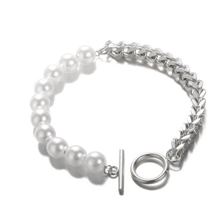 Stainless Steel OT Buckle Bracelet for Women featuring a blend of pearls and metal chain for a modern yet elegant look.