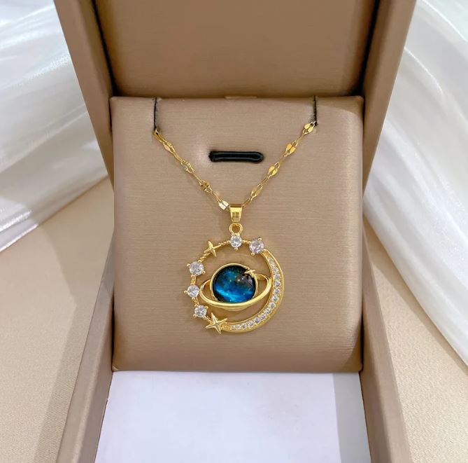 Stainless steel blue butterfly necklace with gold pendant and blue stones in elegant gift box.