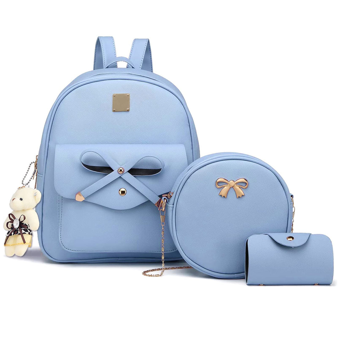 K.E.J. cute mini backpack purse for women in blue with bowknot design and matching accessories including a shoulder bag and card wallet.