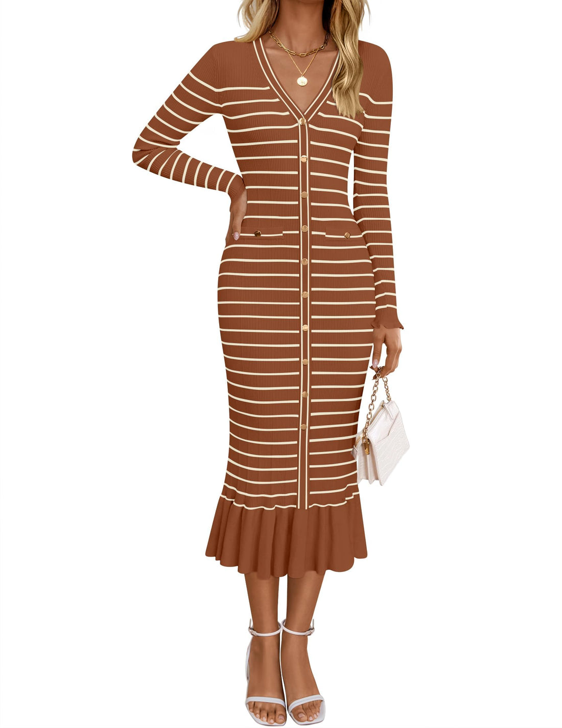Elegant striped sweater dress in brown with long sleeves and a deep v-neck, featuring buttons and a flared hem.