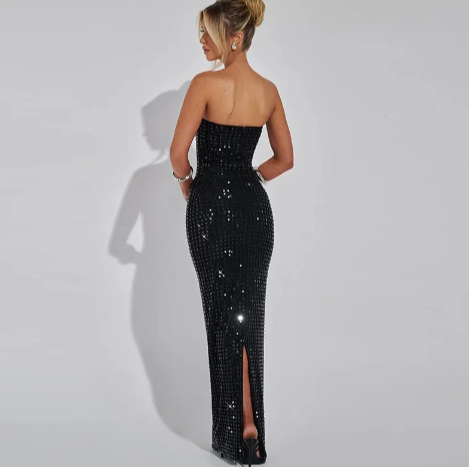 Elegant backless slim-fit tube top dress with side split, showcasing a stunning black sequin design.