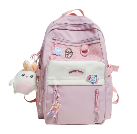 High-capacity backpack for students in pink with embroidered patches and compartments.