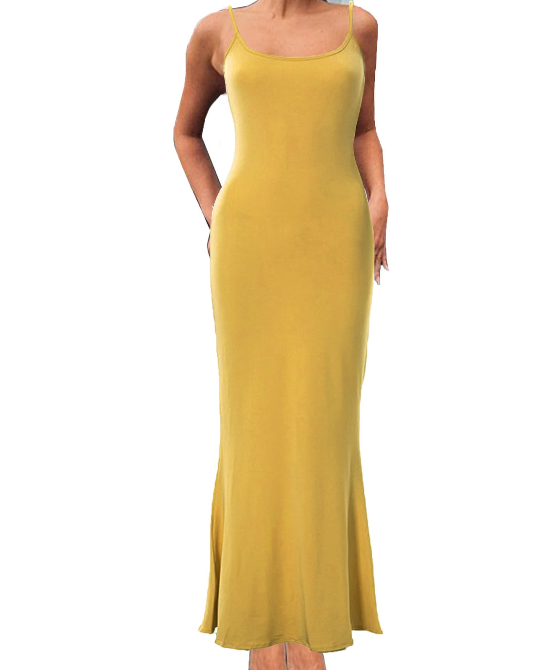 Long bodycon maxi dress for women in yellow, featuring a fitted design and spaghetti straps, perfect for formal occasions.
