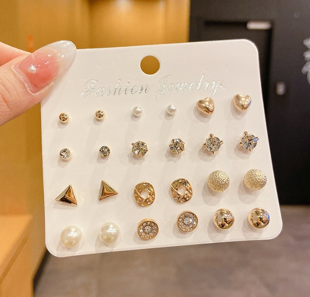 Star and Moon Diamond Earrings Set - 12 Pairs of Studs