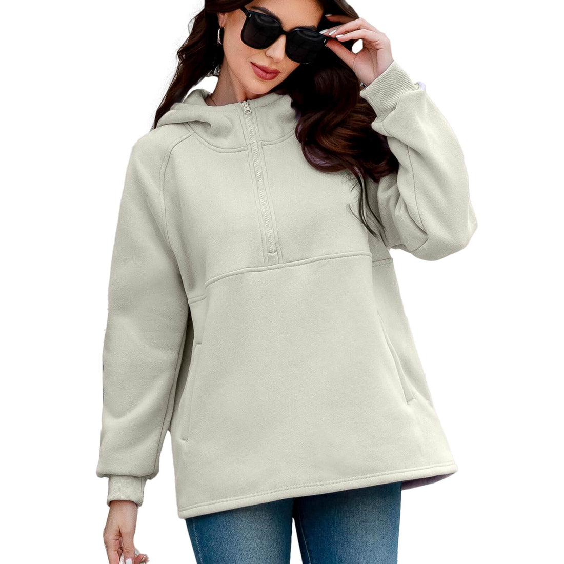 VOHOTO Womens Oversized Hoodies Half Zip Fleece Pullover Sweatshirts Long Sleeve Casual Trendy Teens Hooded 2024 with Pockets Apricot