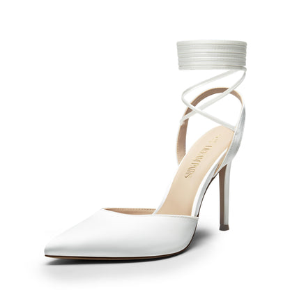 DREAM PAIRS womens strappy high heels in white satin with pointed toe and lace up design, perfect for weddings.