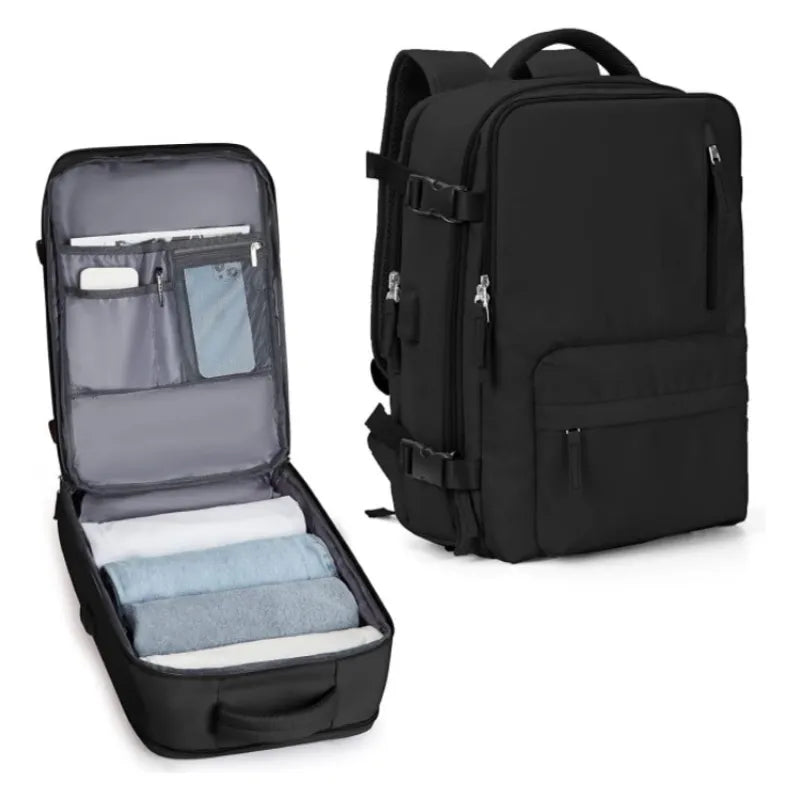 Large capacity travel laptop backpack in black with spacious compartments, designed for organization and style, perfect for travel and daily use.