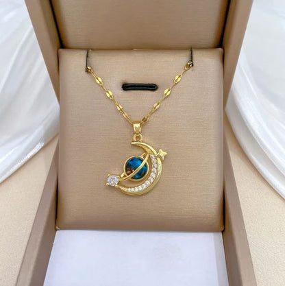 Dream Planet Necklace stainless steel blue butterfly in elegant jewelry box with golden chain and moon pendant.