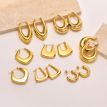 Gold hoop earrings collection, featuring various styles and shapes, perfect for enhancing fashion looks.