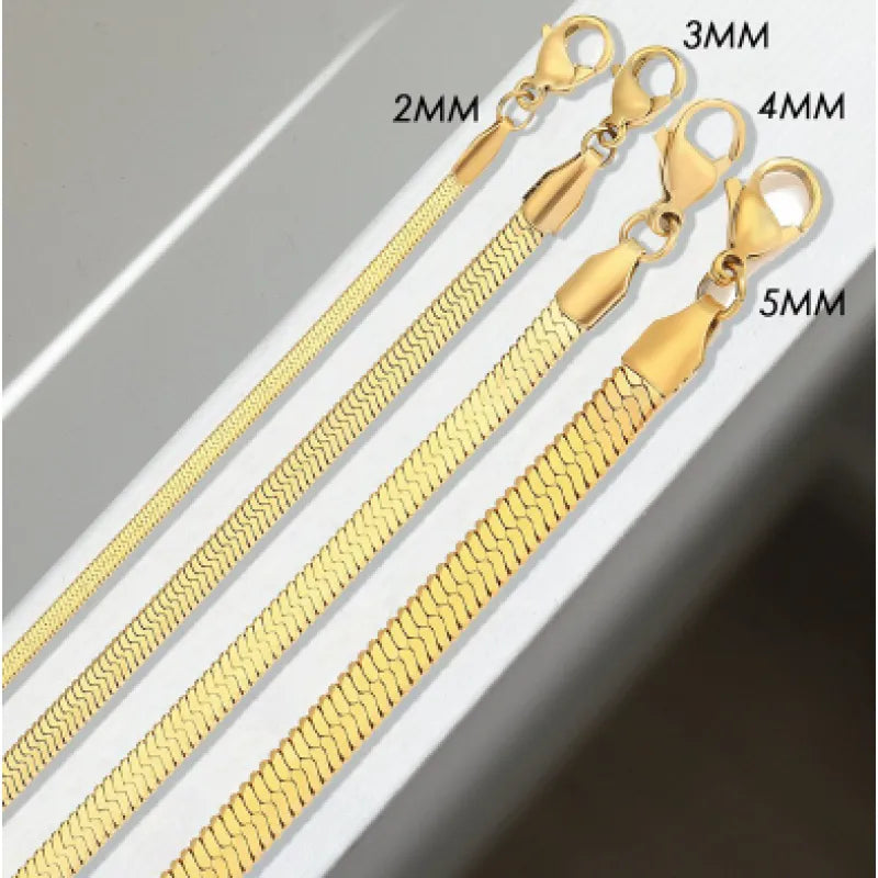 European and American Ins Style stainless steel flat blade snake chain in 2mm, 3mm, 4mm, and 5mm sizes, showcasing a sleek gold finish.