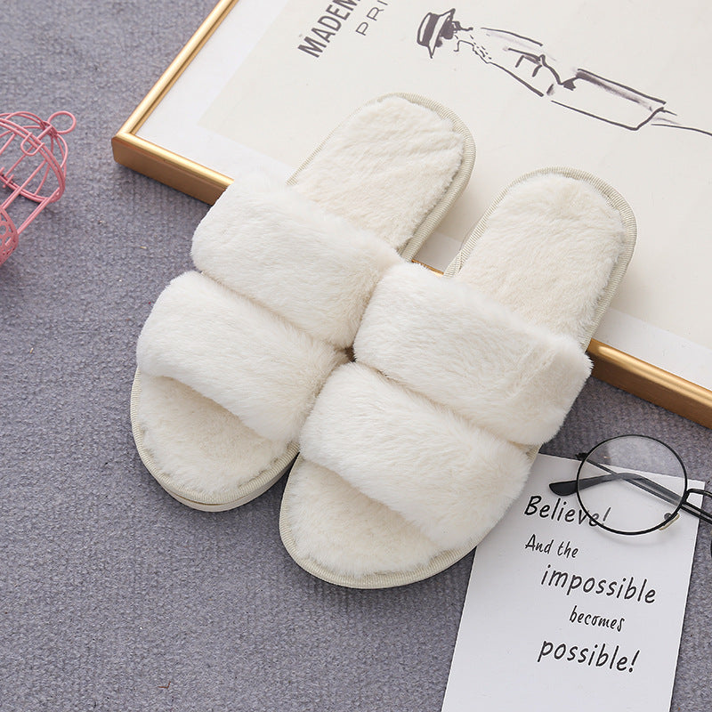 furry open-toed home slippers in soft white fur, perfect for cozy indoor lounging and style.