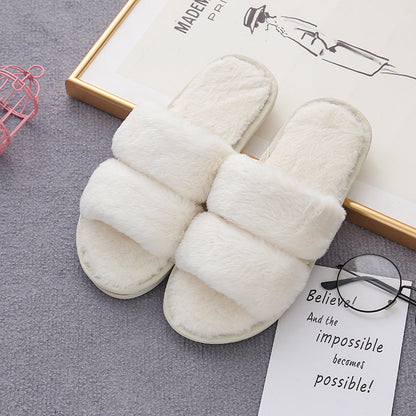 furry open-toed home slippers in soft white fur, perfect for cozy indoor lounging and style.