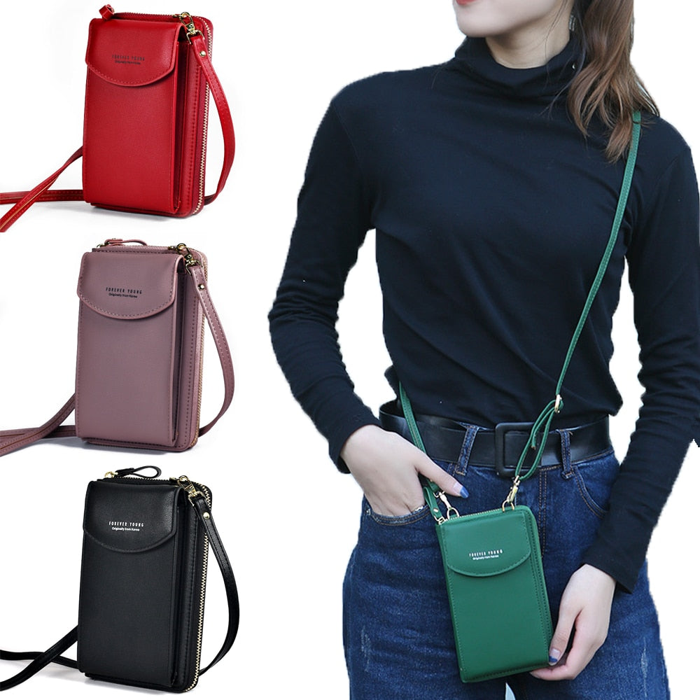 Mini Satchel Mobile Phone Hanging Bag available in red, pink, black, and green, showcasing convenience and style, ideal for everyday use.
