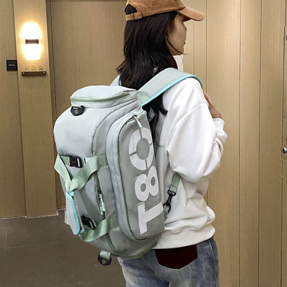 A person wearing an Outdoor Multi-functional Sports Bag with Wet/Dry Separation, showcasing its versatility and design.