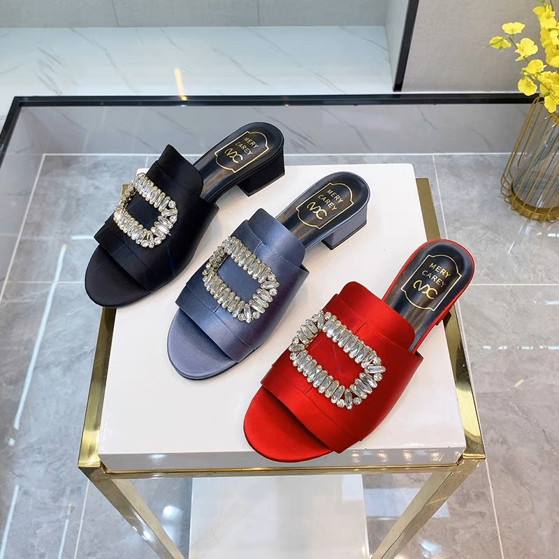 Rhinestone Open-Toed Thick Heel Fashion Slippers for Women in black, blue, and red displayed on a table.