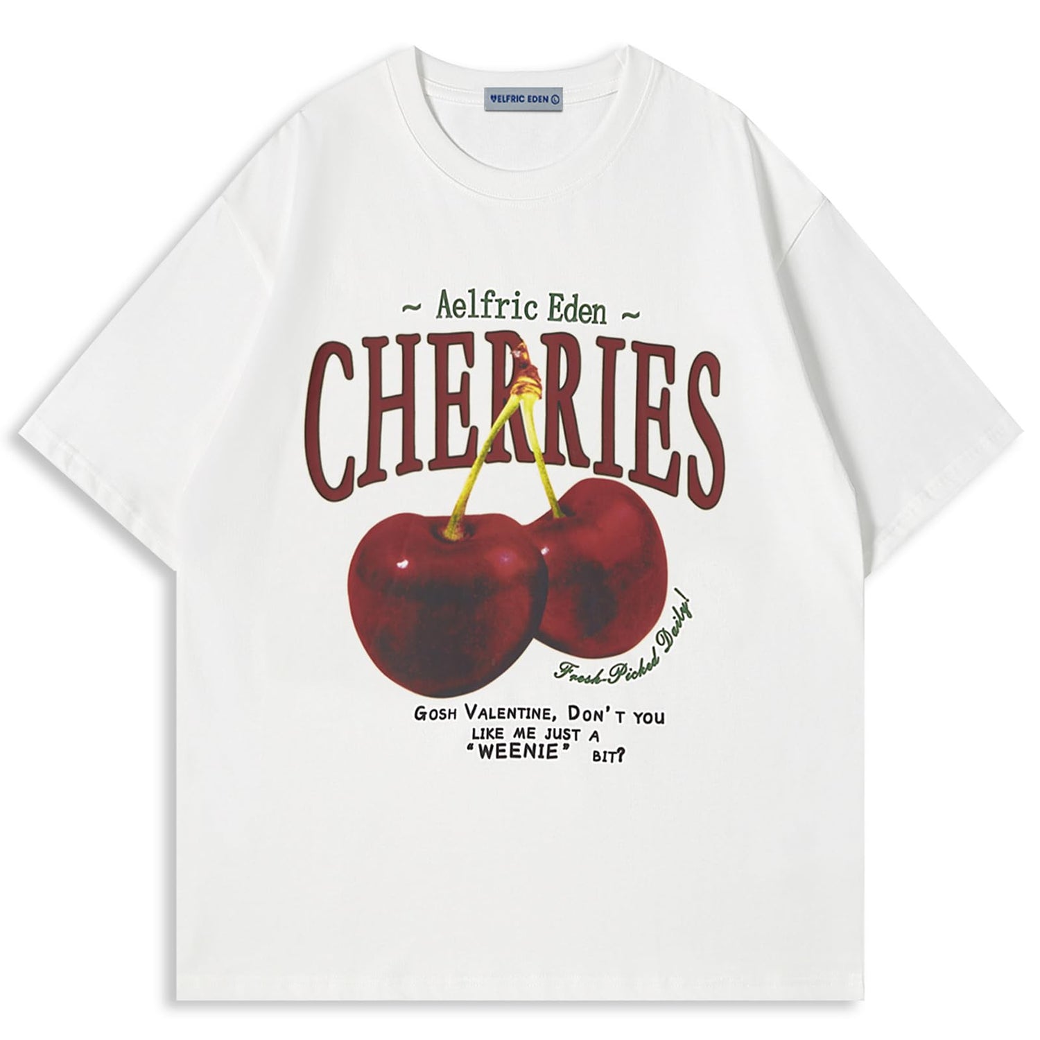 Aelfric Eden oversized graphic tee in white featuring cherry print, unisex casual summer short sleeve top, size large.