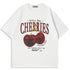 Aelfric Eden oversized graphic tee in white featuring cherry print, unisex casual summer short sleeve top, size large.