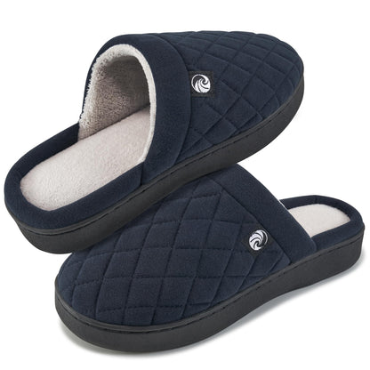 Ecetana dark blue memory foam fuzzy slippers with cozy lining for men and women, stylish quilted design, indoor outdoor wear.