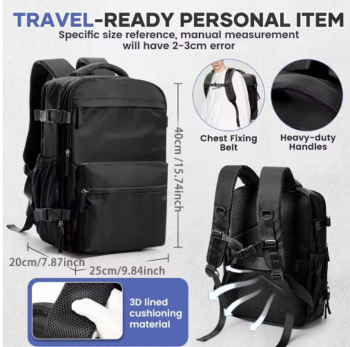 Large capacity travel laptop backpack with 3D cushioning, chest fixing belt, and heavy-duty handles.