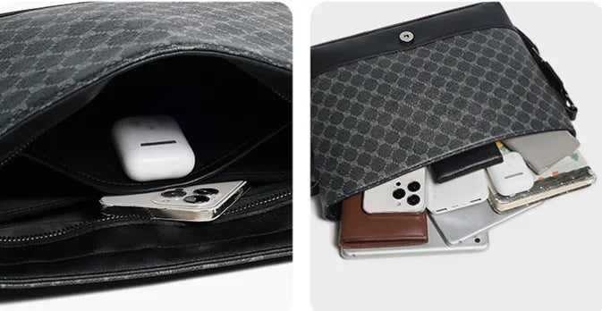 Interior view of a large capacity crossbody bag for men showing space for essentials like phones and AirPods.